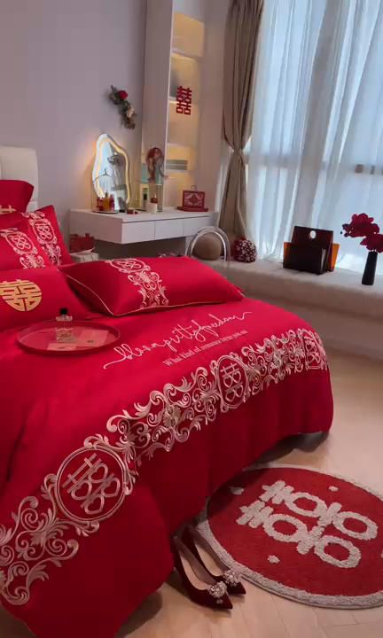 91家纺网 家纺一手货源 找家纺 欧乐蒂 2025新款亲肤棉刺绣婚庆四件套 喜结连理