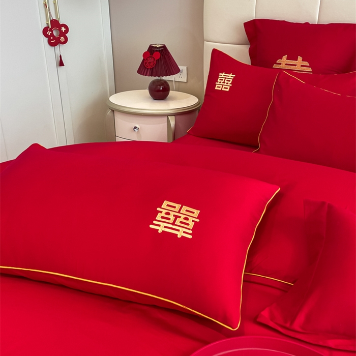 91家纺网 家纺一手货源 找家纺 欧乐蒂 2025新款亲肤棉刺绣婚庆四件套 双喜