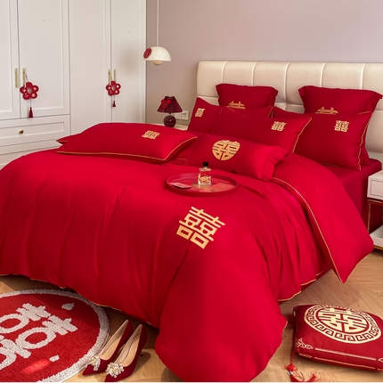 91家纺网 家纺一手货源 找家纺 欧乐蒂 2025新款亲肤棉刺绣婚庆四件套 双喜