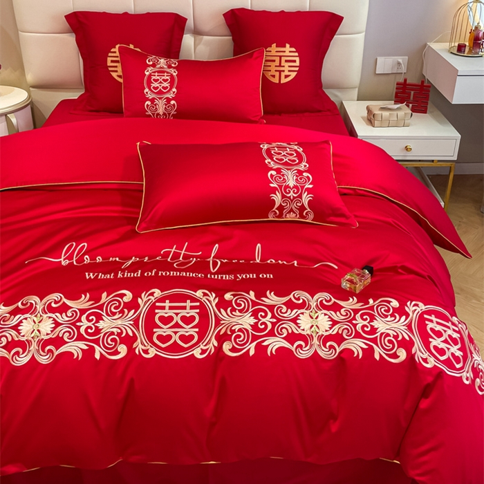 91家纺网 家纺一手货源 找家纺 欧乐蒂 2025新款亲肤棉刺绣婚庆四件套 喜结连理