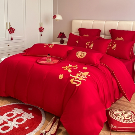 欧乐蒂 2025新款亲肤棉刺绣婚庆四件套 欢喜