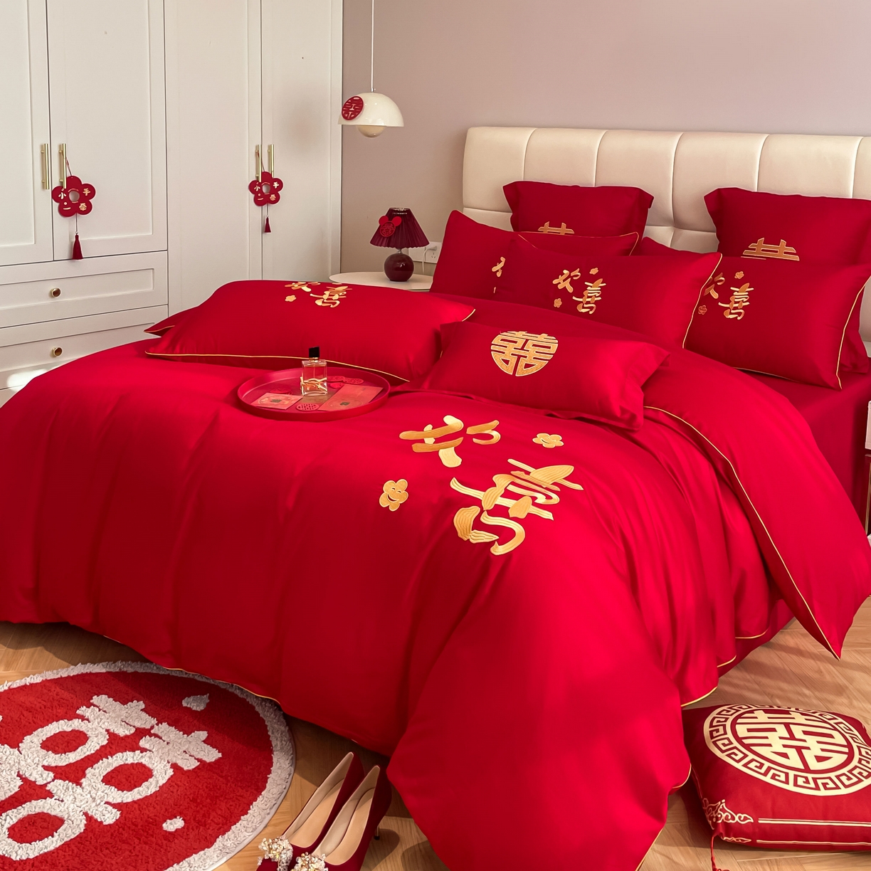 91家纺网 家纺一手货源 找家纺 欧乐蒂 2025新款亲肤棉刺绣婚庆四件套 欢喜