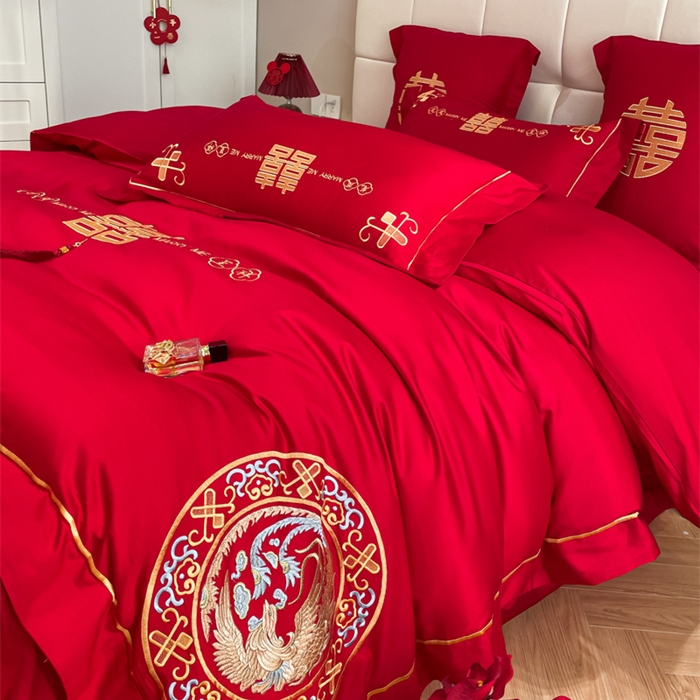 91家纺网 家纺一手货源 找家纺 欧乐蒂 2025新款亲肤棉刺绣婚庆四件套 龙凤呈祥