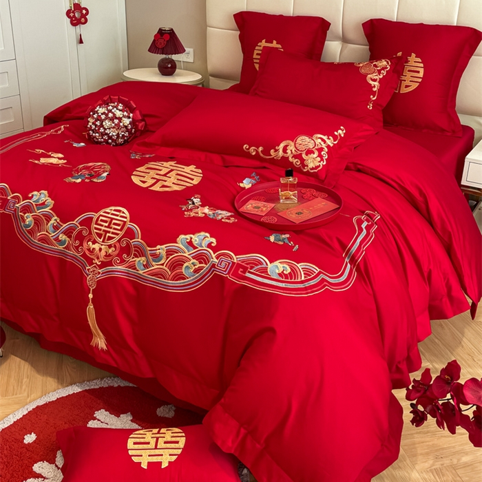 91家纺网 家纺一手货源 找家纺 欧乐蒂 2025新款亲肤棉刺绣婚庆四件套 百子呈祥