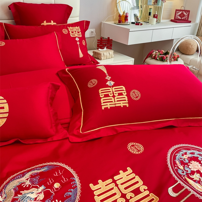 91家纺网 家纺一手货源 找家纺 欧乐蒂 2025新款亲肤棉刺绣婚庆四件套 龙凤情缘