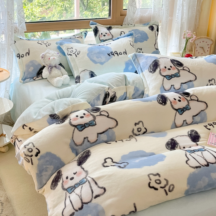 91家纺网 家纺一手货源 找家纺 慕澄家纺 2023新款小清新牛奶绒印花四件套 趣味狗