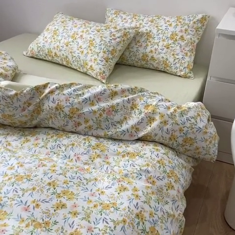 91家纺网 家纺一手货源 找家纺 绫韵家纺 13372ins风全棉斜纹纯棉小清新床上四件套三件套 多姿多彩黄