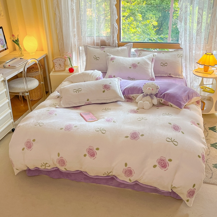 91家纺网 家纺一手货源 找家纺 慕澄家纺 2023新款小清新牛奶绒印花四件套 花开