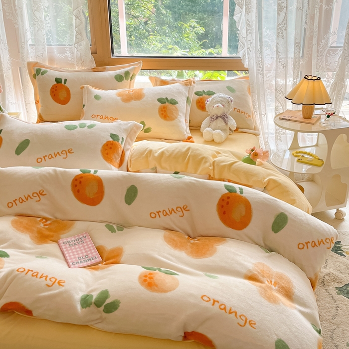 91家纺网 家纺一手货源 找家纺 慕澄家纺 2023新款小清新牛奶绒印花四件套 橙意满满