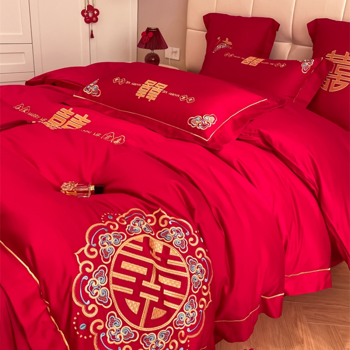 91家纺网 家纺一手货源 找家纺 欧乐蒂 2025新款亲肤棉刺绣婚庆四件套 吾家有喜