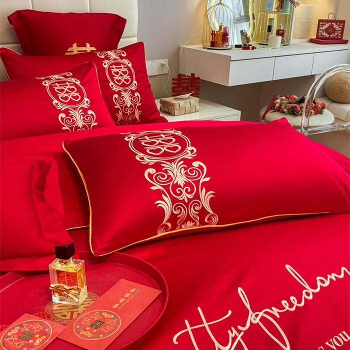 91家纺网 家纺一手货源 找家纺 欧乐蒂 2025新款亲肤棉刺绣婚庆四件套 喜结连理