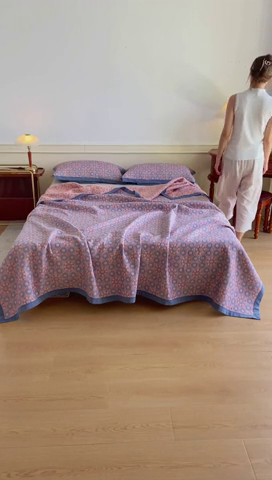 91家纺网 家纺一手货源 找家纺 棠薇 2023新款秋冬全棉三层纱床盖多功能纱布毯 太阳神橙蓝