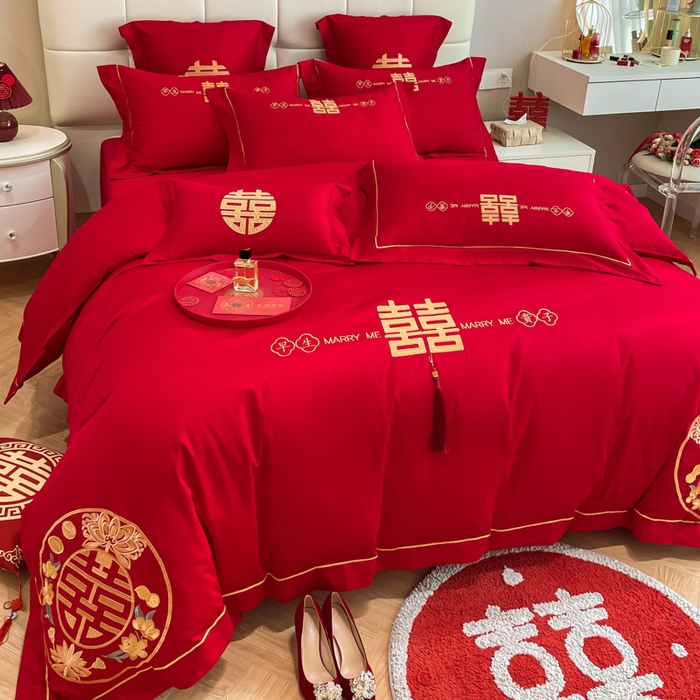 91家纺网 家纺一手货源 找家纺 欧乐蒂 2025新款亲肤棉刺绣婚庆四件套 早生贵子