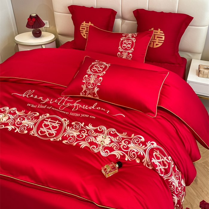 91家纺网 家纺一手货源 找家纺 欧乐蒂 2025新款亲肤棉刺绣婚庆四件套 喜结连理