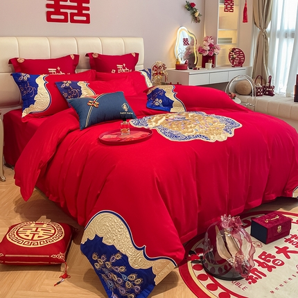 91家纺网 家纺一手货源 找家纺 （总）玉雅家纺 2025新款长绒棉牛仔国潮凤刺绣婚庆四件套