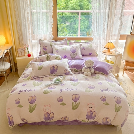 91家纺网 家纺一手货源 找家纺 慕澄家纺 2023新款小清新牛奶绒印花四件套 郁金香兔兔