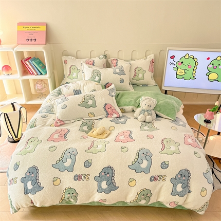 91家纺网 家纺一手货源 找家纺 苏拉家居 2023新款5D雕花雪花绒四件套 恐龙宝贝