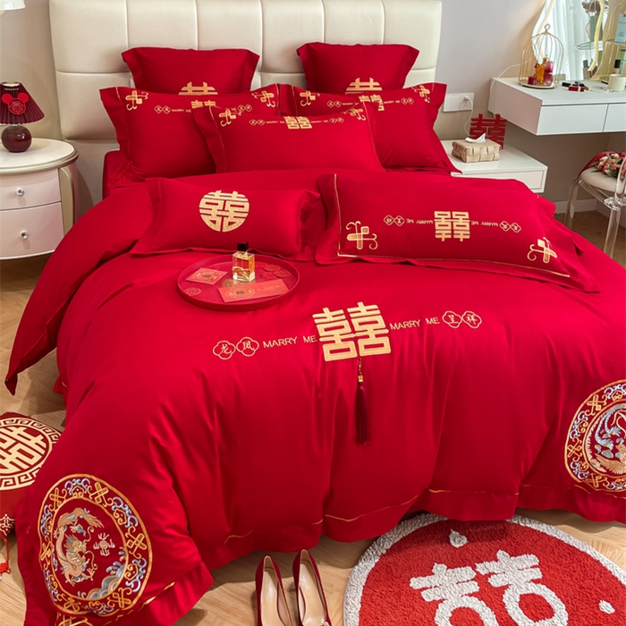 91家纺网 家纺一手货源 找家纺 欧乐蒂 2025新款亲肤棉刺绣婚庆四件套 龙凤呈祥