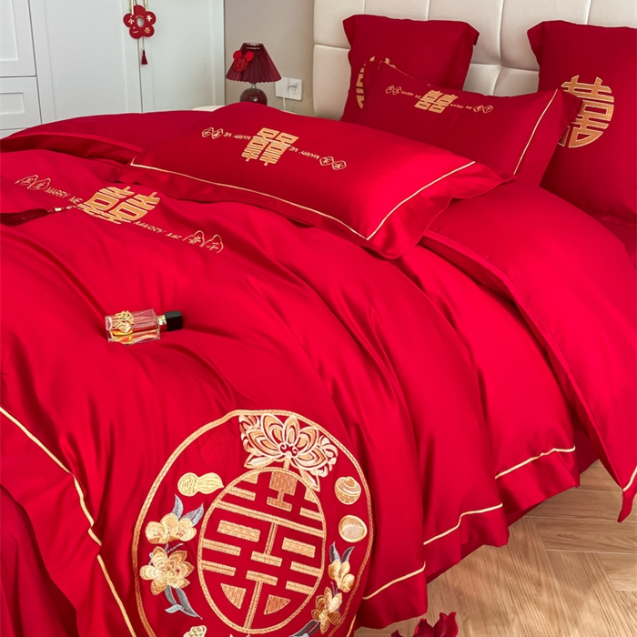 91家纺网 家纺一手货源 找家纺 欧乐蒂 2025新款亲肤棉刺绣婚庆四件套 早生贵子