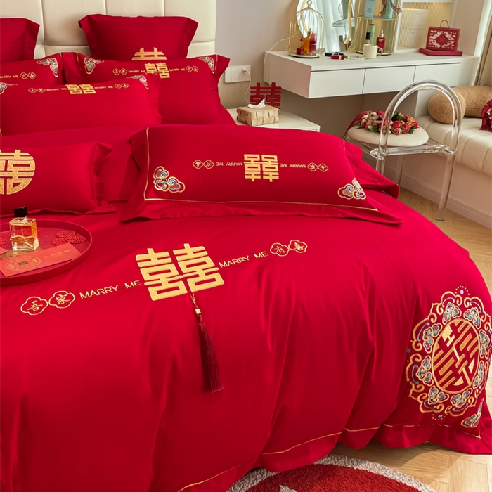 91家纺网 家纺一手货源 找家纺 欧乐蒂 2025新款亲肤棉刺绣婚庆四件套 吾家有喜