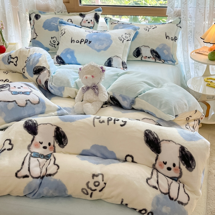 91家纺网 家纺一手货源 找家纺 慕澄家纺 2023新款小清新牛奶绒印花四件套 趣味狗