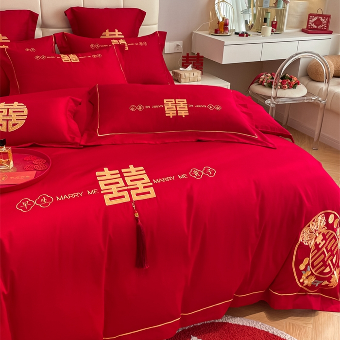 91家纺网 家纺一手货源 找家纺 欧乐蒂 2025新款亲肤棉刺绣婚庆四件套 早生贵子