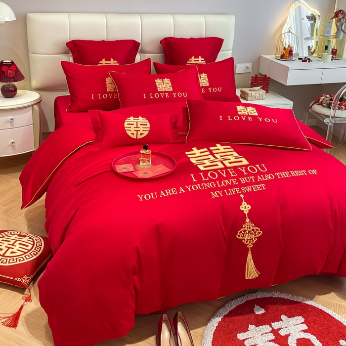 91家纺网 家纺一手货源 找家纺 欧乐蒂 2025新款亲肤棉刺绣婚庆四件套 今生今世