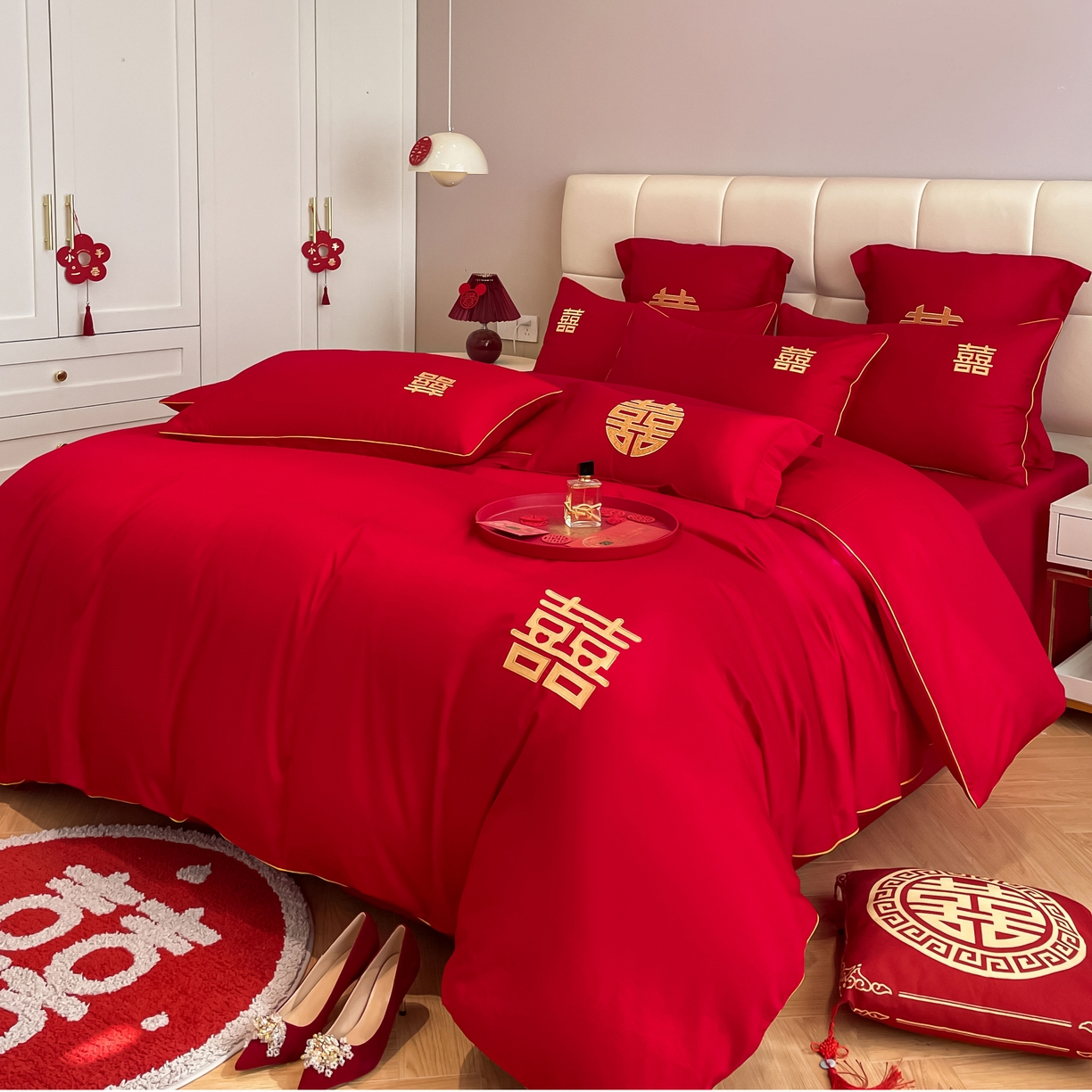 91家纺网 家纺一手货源 找家纺 欧乐蒂 2025新款亲肤棉刺绣婚庆四件套 双喜