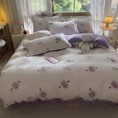 91家纺网 家纺一手货源 找家纺 慕澄家纺 2023新款小清新牛奶绒印花四件套 花开