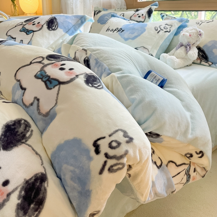 91家纺网 家纺一手货源 找家纺 慕澄家纺 2023新款小清新牛奶绒印花四件套 趣味狗