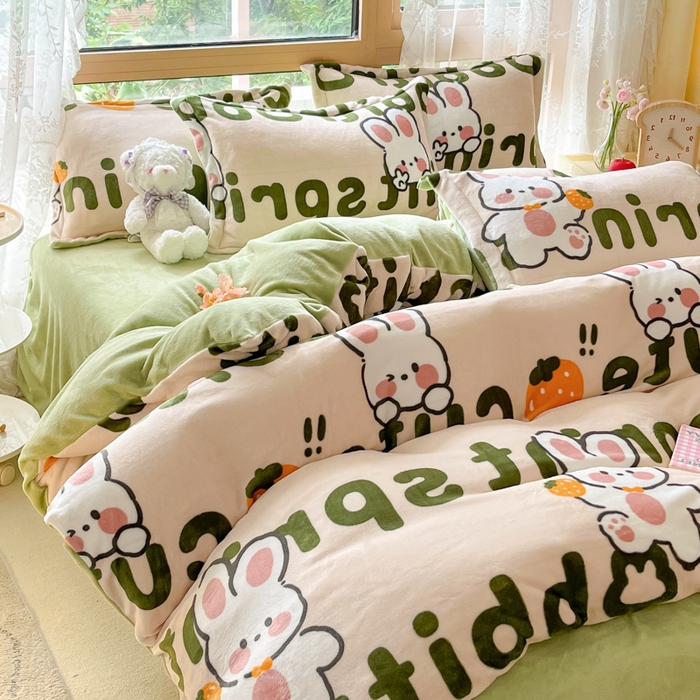 91家纺网 家纺一手货源 找家纺 慕澄家纺 2023新款小清新牛奶绒印花四件套 嗨皮兔