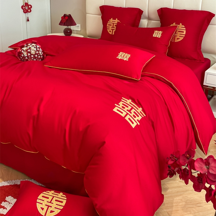 91家纺网 家纺一手货源 找家纺 欧乐蒂 2025新款亲肤棉刺绣婚庆四件套 双喜