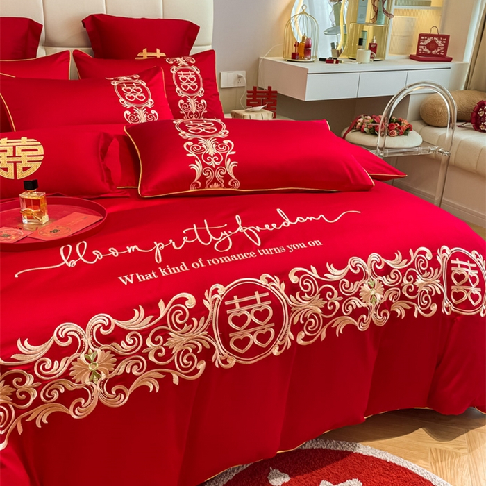 91家纺网 家纺一手货源 找家纺 欧乐蒂 2025新款亲肤棉刺绣婚庆四件套 喜结连理