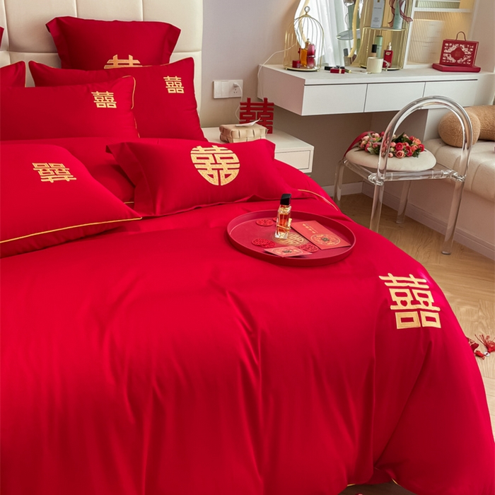 91家纺网 家纺一手货源 找家纺 欧乐蒂 2025新款亲肤棉刺绣婚庆四件套 双喜