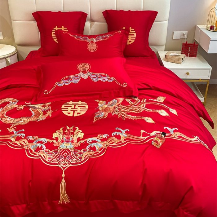 91家纺网 家纺一手货源 找家纺 欧乐蒂 2025新款亲肤棉刺绣婚庆四件套 龙凤祥瑞