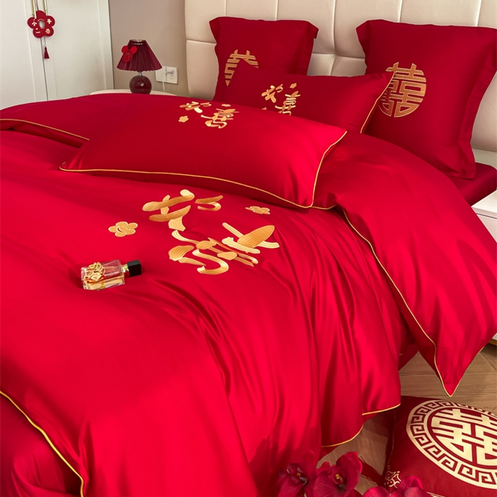 91家纺网 家纺一手货源 找家纺 欧乐蒂 2025新款亲肤棉刺绣婚庆四件套 欢喜