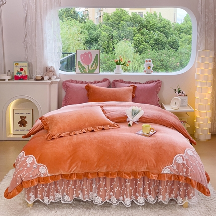 91家纺网 家纺一手货源 找家纺 （总）2024直播爆款韩版纯色花边牛奶绒婴儿绒床裙四件套 花香