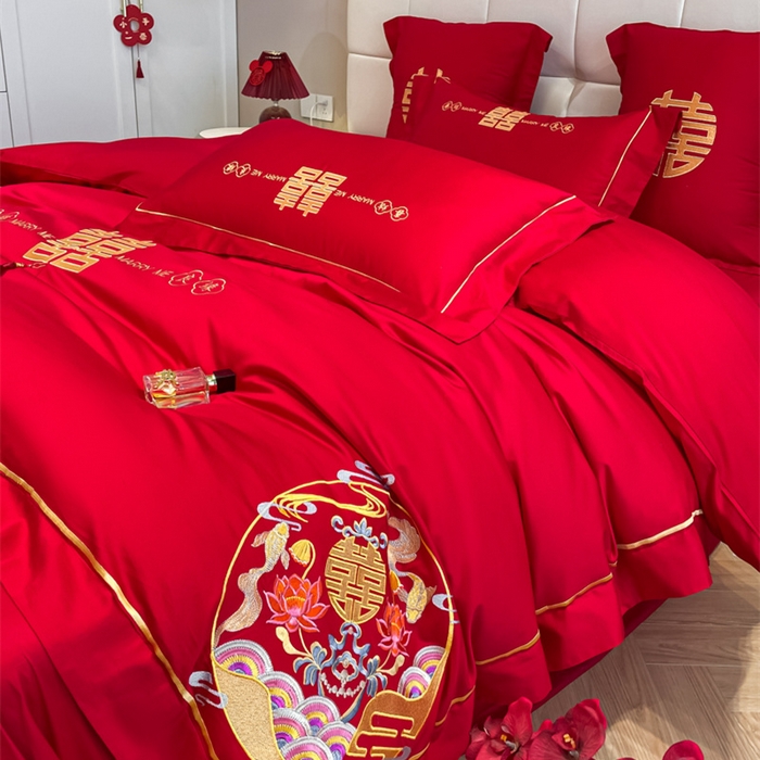 91家纺网 家纺一手货源 找家纺 欧乐蒂 2025新款亲肤棉刺绣婚庆四件套 喜结良缘