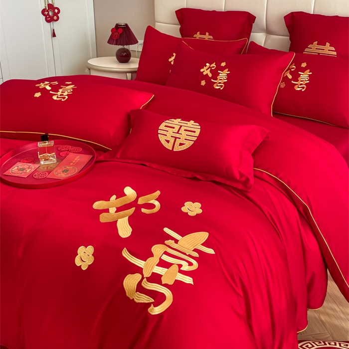 91家纺网 家纺一手货源 找家纺 欧乐蒂 2025新款亲肤棉刺绣婚庆四件套 欢喜