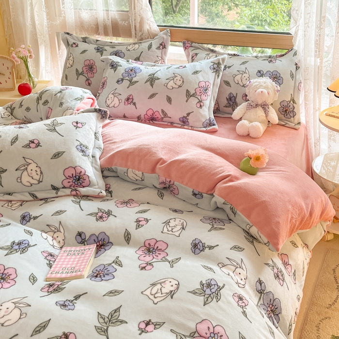 91家纺网 家纺一手货源 找家纺 慕澄家纺 2023新款小清新牛奶绒印花四件套 花韵