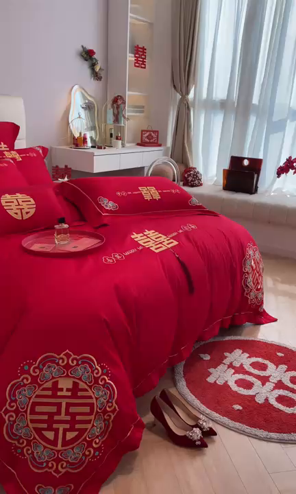 91家纺网 家纺一手货源 找家纺 欧乐蒂 2025新款亲肤棉刺绣婚庆四件套 吾家有喜