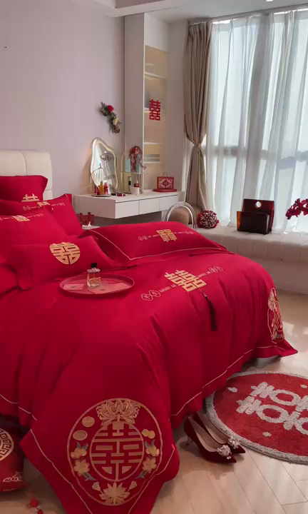 91家纺网 家纺一手货源 找家纺 欧乐蒂 2025新款亲肤棉刺绣婚庆四件套 早生贵子