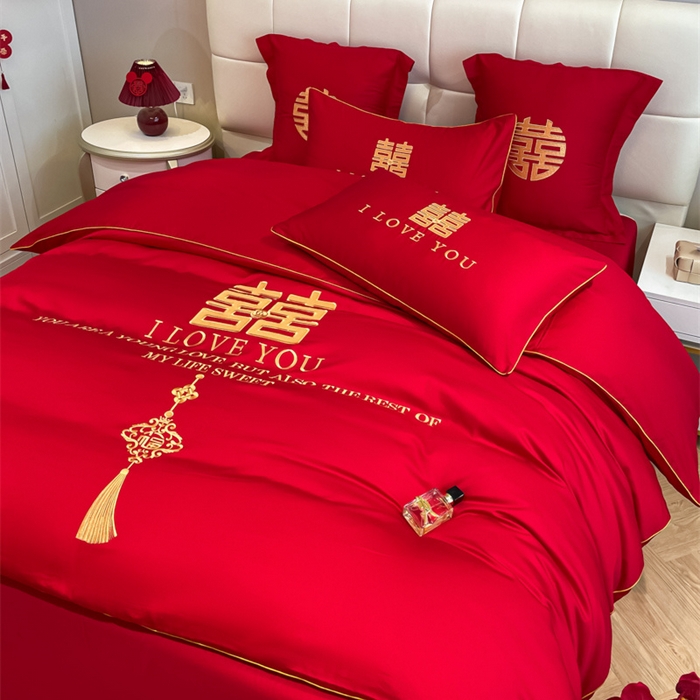 91家纺网 家纺一手货源 找家纺 欧乐蒂 2025新款亲肤棉刺绣婚庆四件套 今生今世