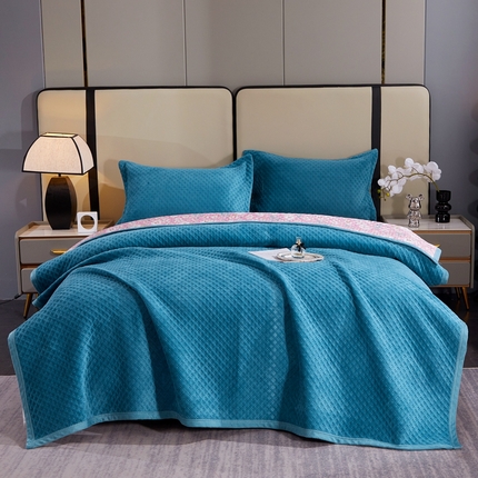 晶缦家纺 2023新款华夫格牛奶绒床盖三件套 华夫格-宝蓝