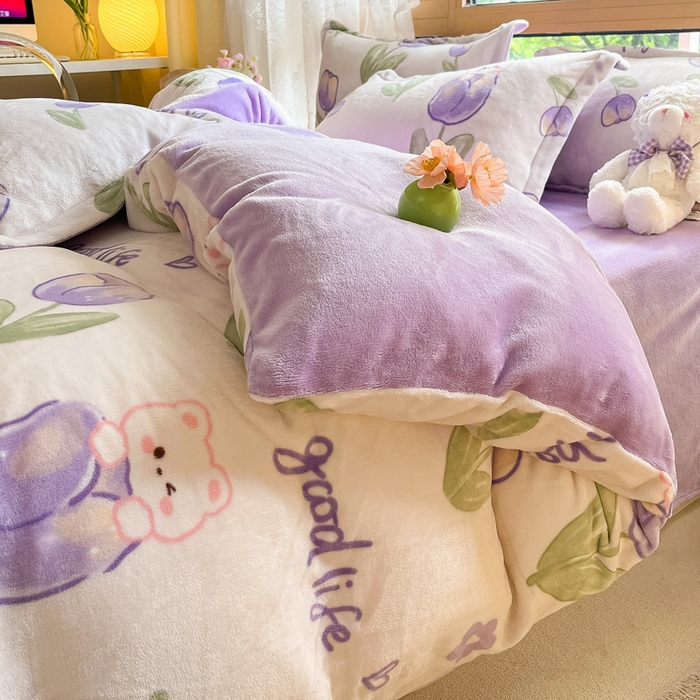 91家纺网 家纺一手货源 找家纺 慕澄家纺 2023新款小清新牛奶绒印花四件套 郁金香兔兔