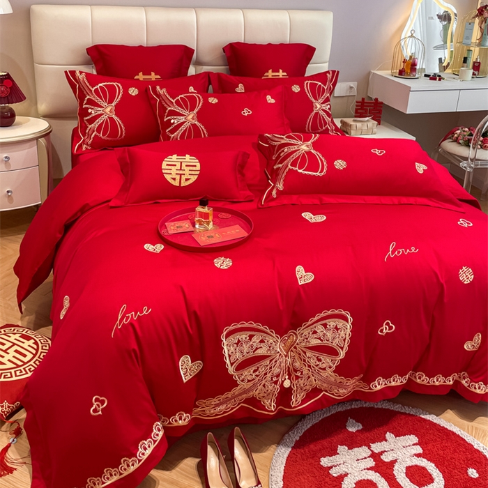 91家纺网 家纺一手货源 找家纺 欧乐蒂 2025新款亲肤棉刺绣婚庆四件套 一见倾心