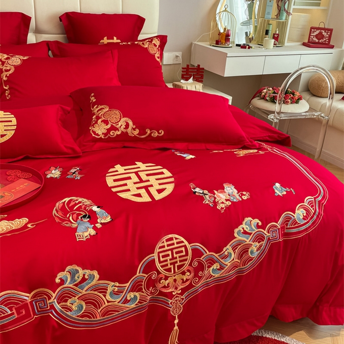 91家纺网 家纺一手货源 找家纺 欧乐蒂 2025新款亲肤棉刺绣婚庆四件套 百子呈祥