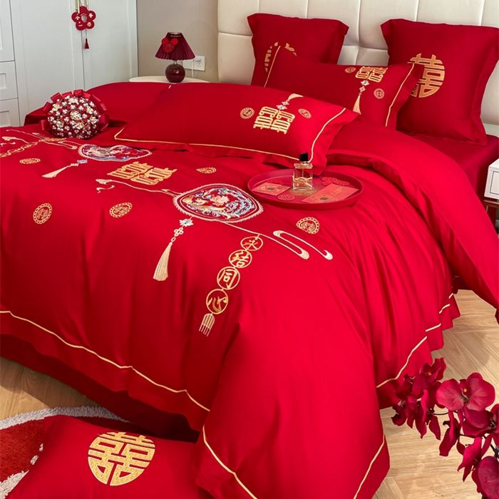 91家纺网 家纺一手货源 找家纺 欧乐蒂 2025新款亲肤棉刺绣婚庆四件套 龙凤情缘