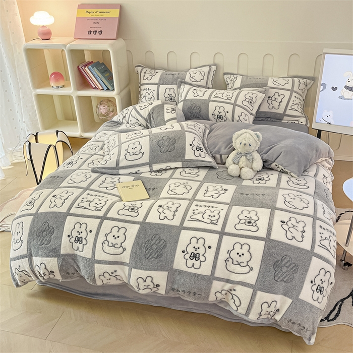 91家纺网 家纺一手货源 找家纺 苏拉家居 2023新款5D雕花雪花绒四件套 兔世界