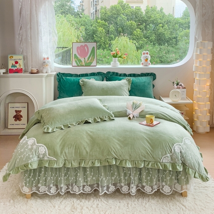 91家纺网 家纺一手货源 找家纺 （总）2024直播爆款韩版纯色花边牛奶绒婴儿绒床裙四件套 花香